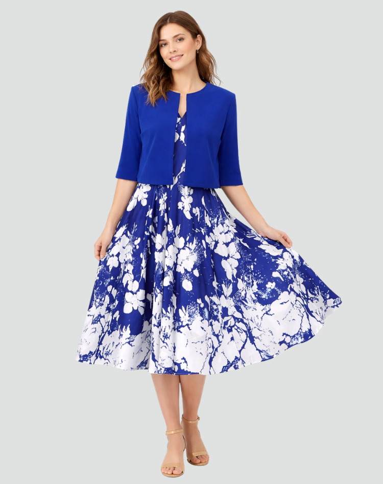 Two-piece set with floral midi dress and short jacket