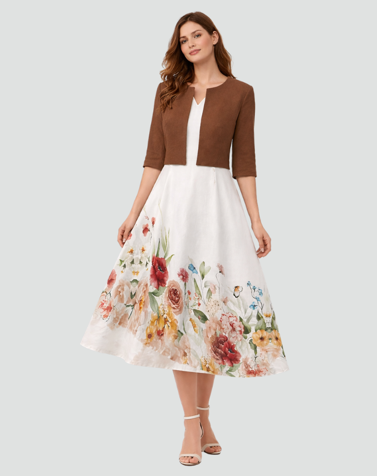 Two-piece set with floral midi dress and short jacket