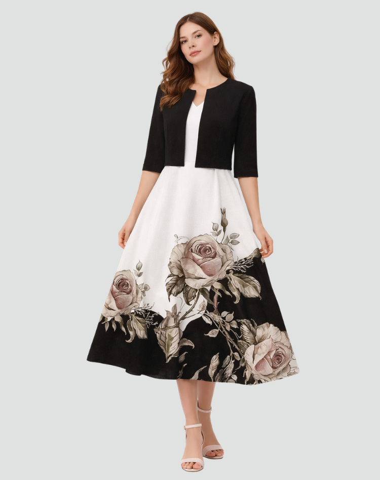 Two-piece set with floral midi dress and short jacket