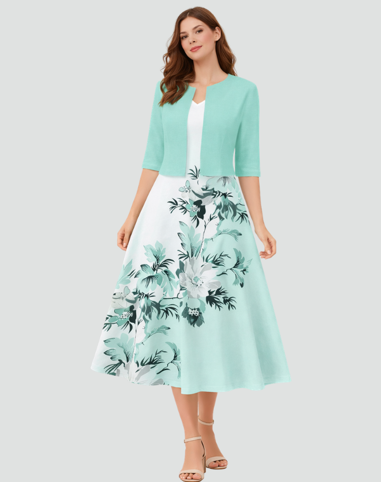 Two-piece set with floral midi dress and short jacket