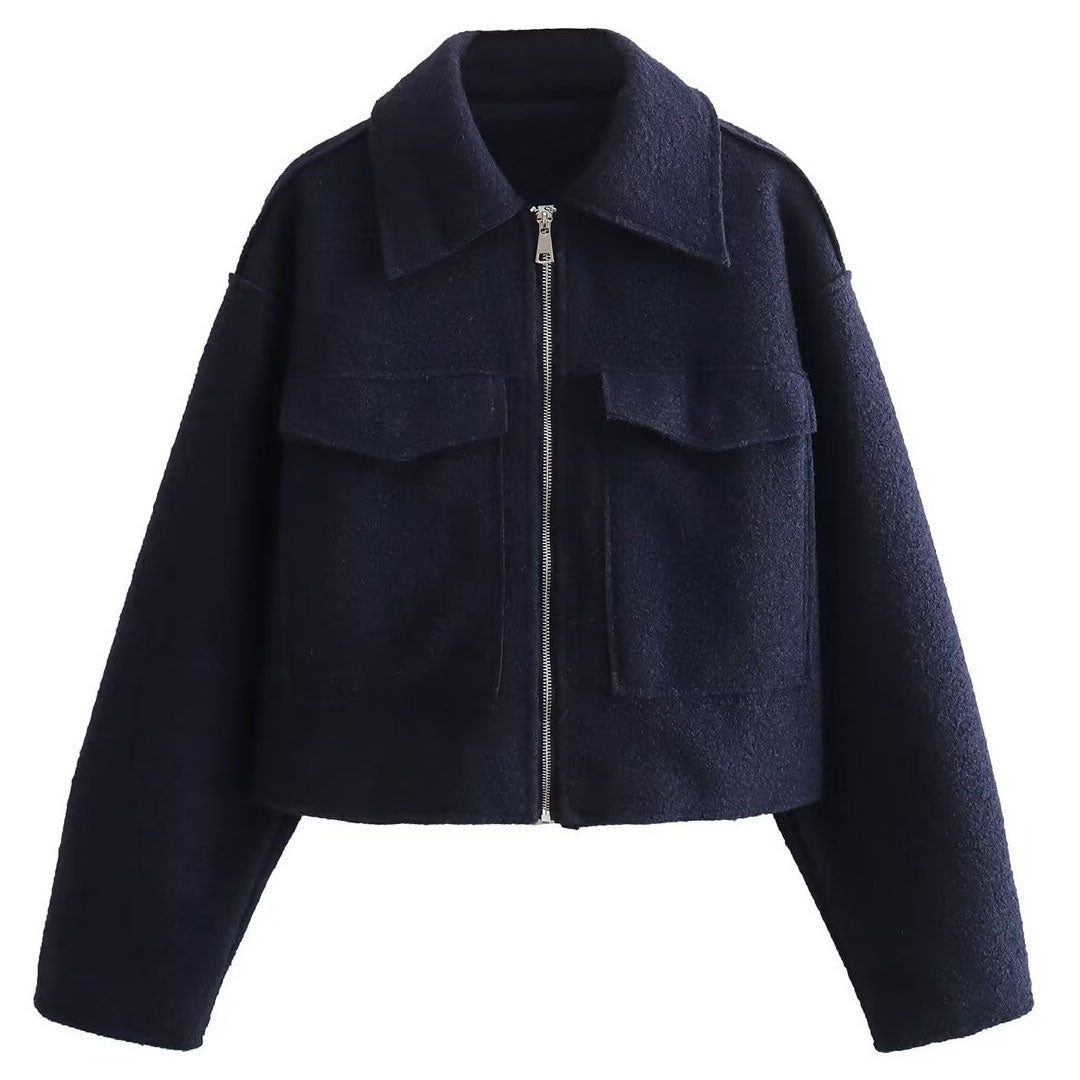 Short Women's Bomber Jacket with Zipper and Large Flap Pockets
