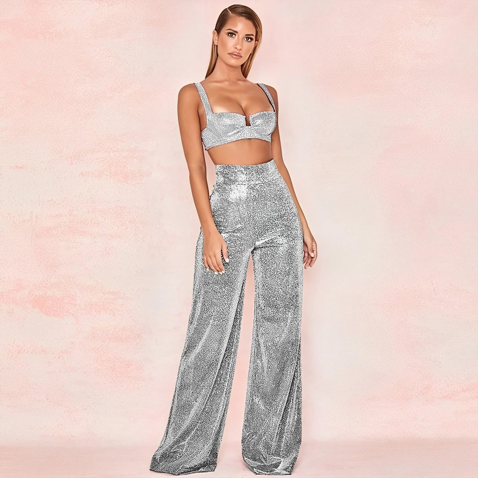 Glitter High-Waisted Wide-Leg Pants for Women