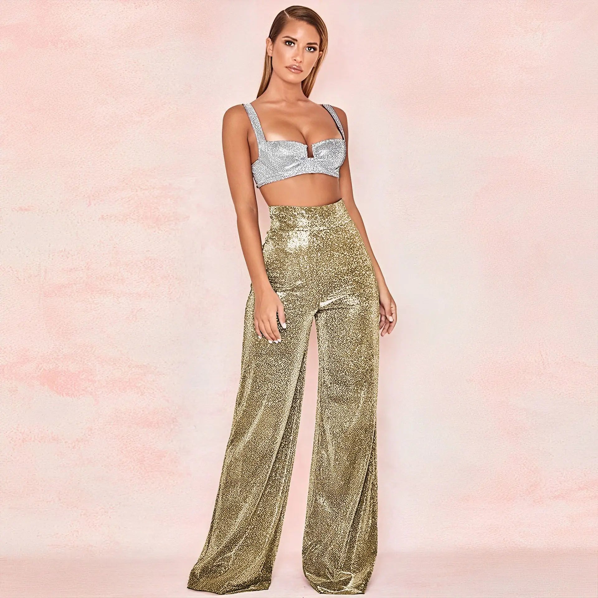 Glitter High-Waisted Wide-Leg Pants for Women