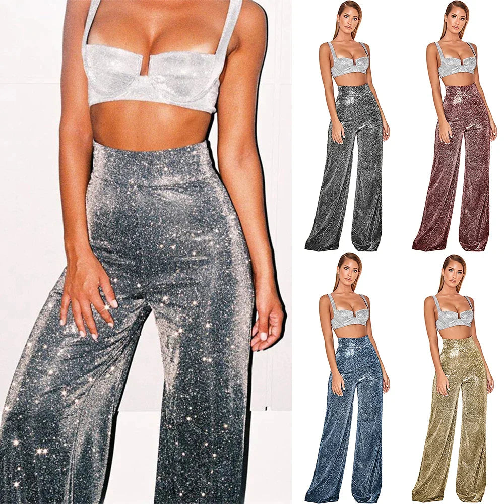 Glitter High-Waisted Wide-Leg Pants for Women