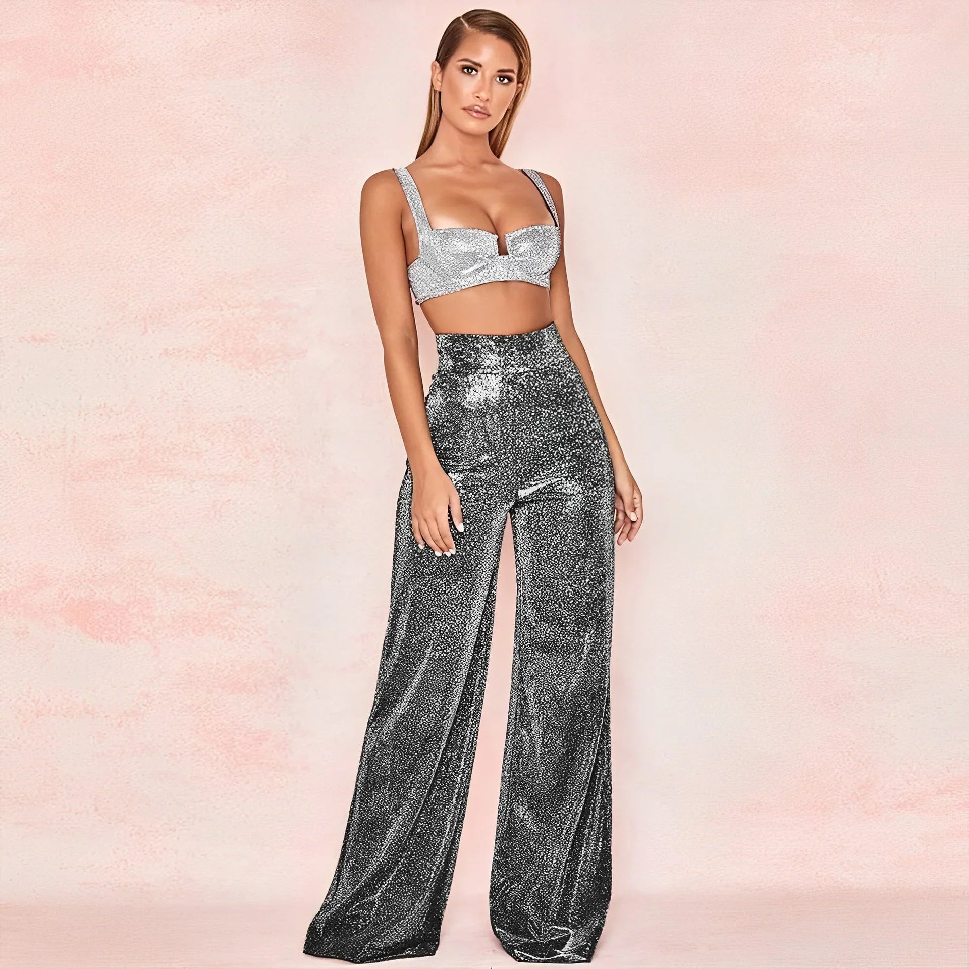 Glitter High-Waisted Wide-Leg Pants for Women
