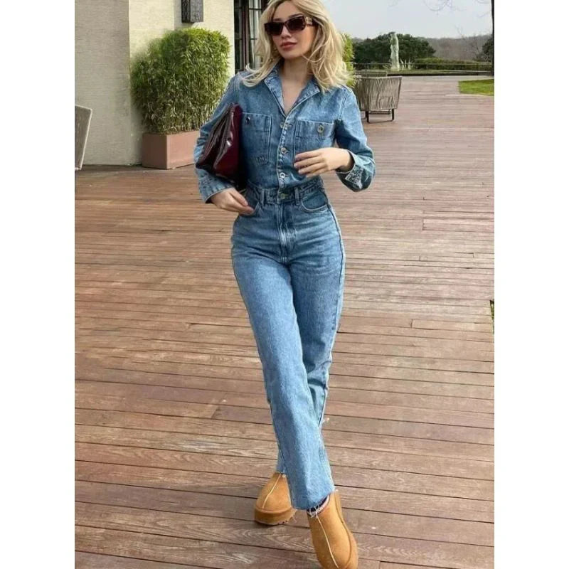 Trendy Women's Denim Jumpsuit with Long Sleeves and Button Closure