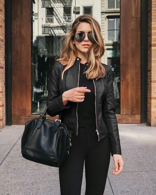 Tailored Women's Leather Biker Jacket with Zipper and Stand-Up Collar