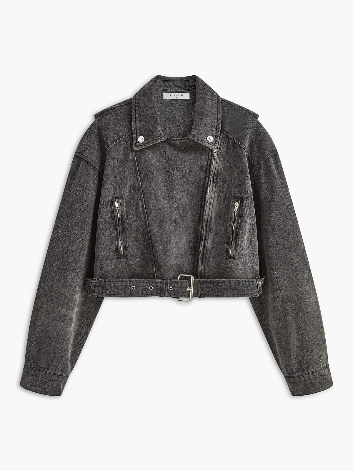 Gray Denim Jacket with Diagonal Zipper and Buckle Detail for Women