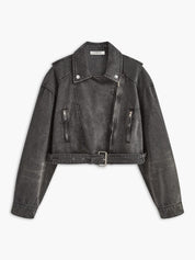 Gray Denim Jacket with Diagonal Zipper and Buckle Detail for Women