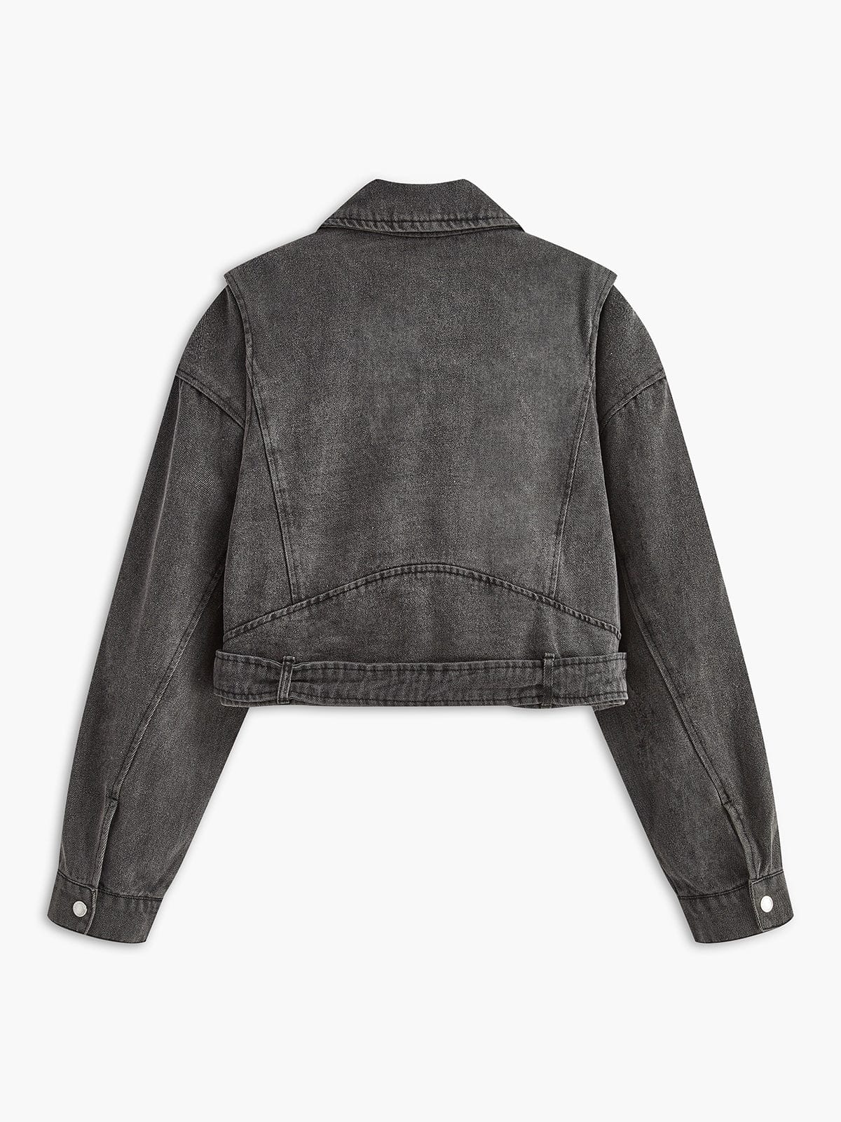 Gray Denim Jacket with Diagonal Zipper and Buckle Detail for Women