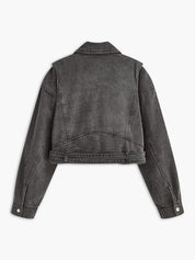 Gray Denim Jacket with Diagonal Zipper and Buckle Detail for Women