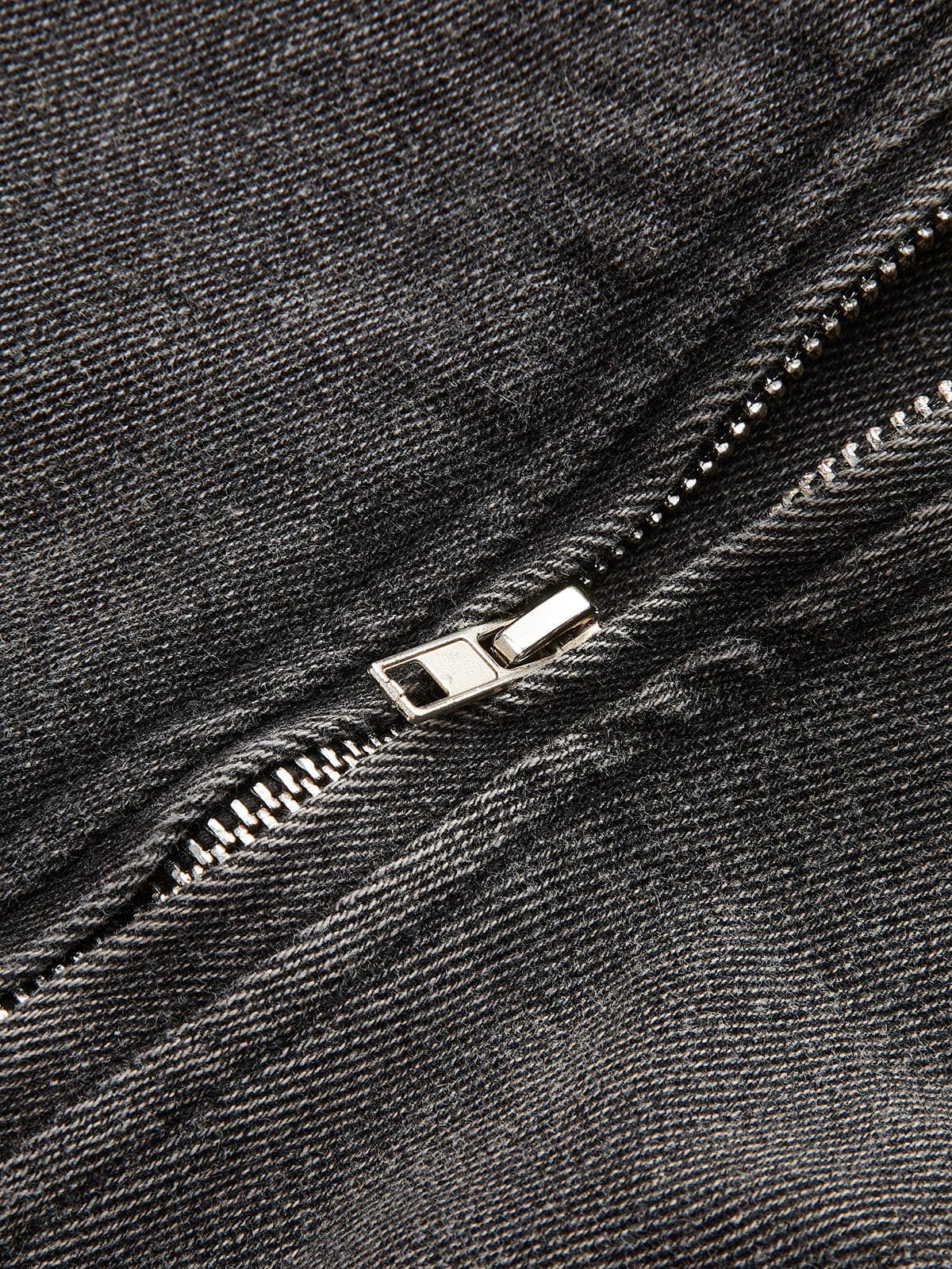 Gray Denim Jacket with Diagonal Zipper and Buckle Detail for Women