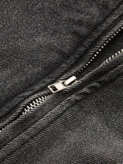 Gray Denim Jacket with Diagonal Zipper and Buckle Detail for Women