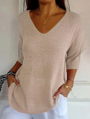 Loose V-Neck Top with Short Sleeves for Women