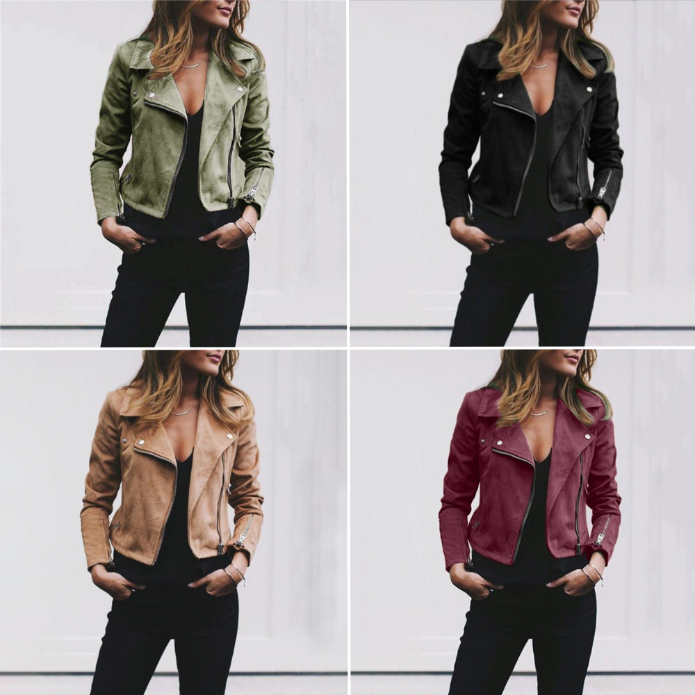Suede Look Biker Jacket for Women with Zipper and Timeless Style