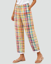 Summer Plaid Pants for Women with Straight Legs