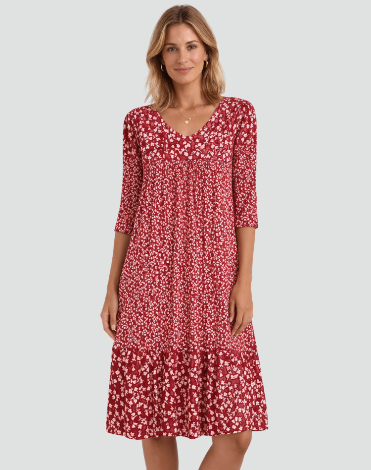 Boho Midi Dress with Floral Print and V-Neck for Women