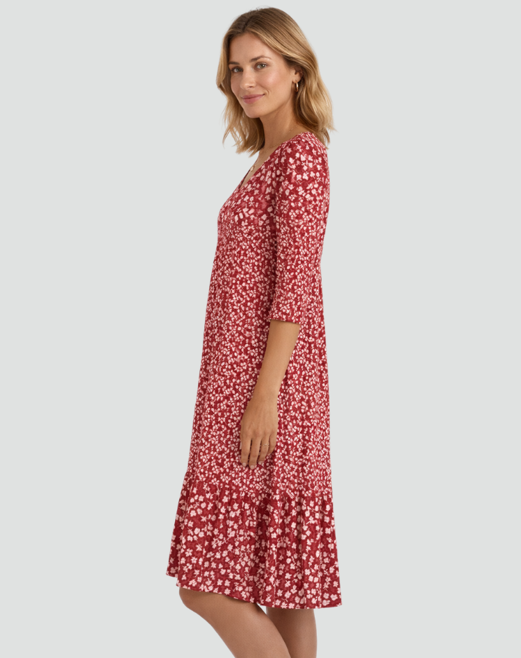 Boho Midi Dress with Floral Print and V-Neck for Women