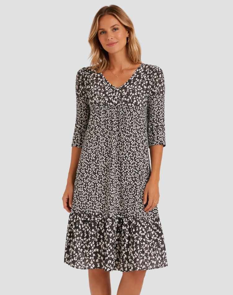 Boho Midi Dress with Floral Print and V-Neck for Women