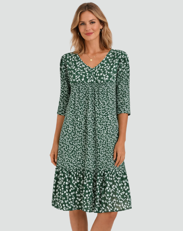 Boho Midi Dress with Floral Print and V-Neck for Women