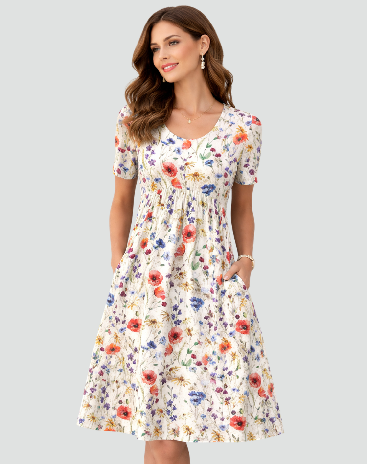 Lightweight Midi Summer Dress with Print and Pockets for Women