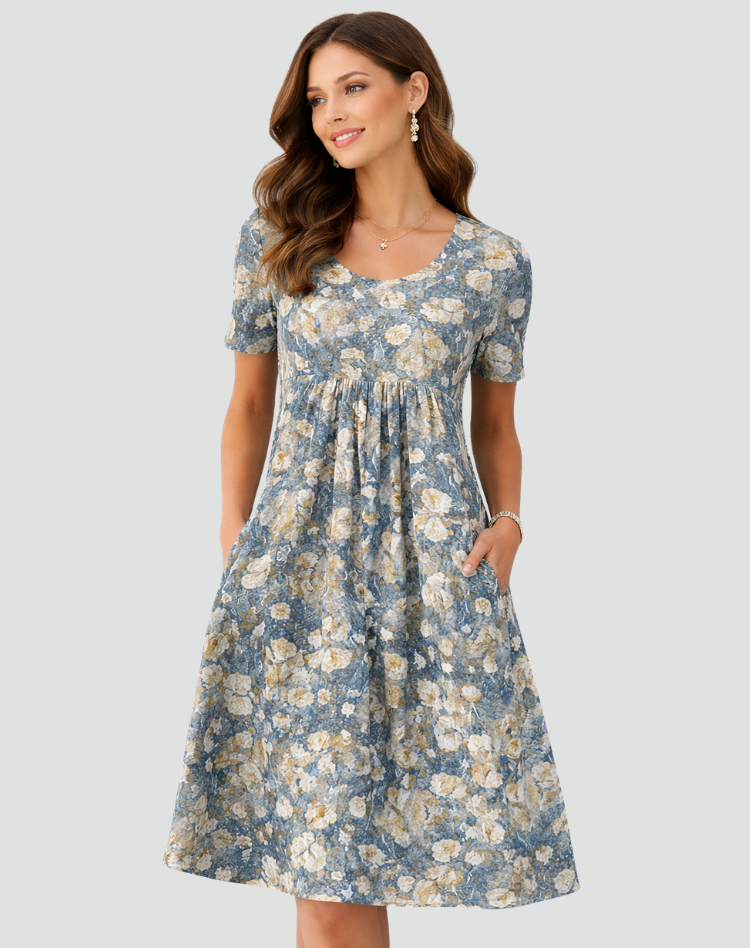 Lightweight Midi Summer Dress with Print and Pockets for Women