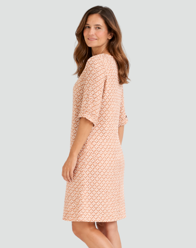 Midi summer dress with geometric print and V-neck for women