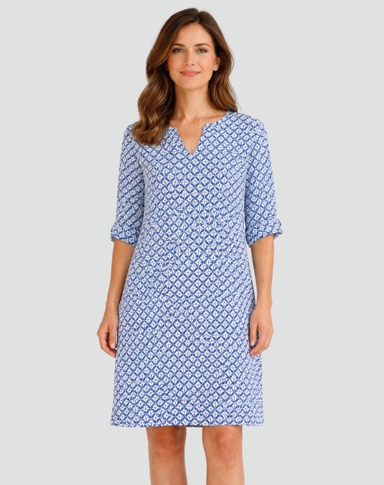 Midi summer dress with geometric print and V-neck for women