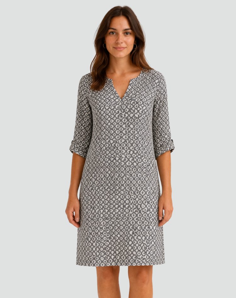 Midi summer dress with geometric print and V-neck for women