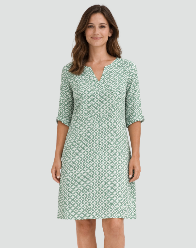 Midi summer dress with geometric print and V-neck for women