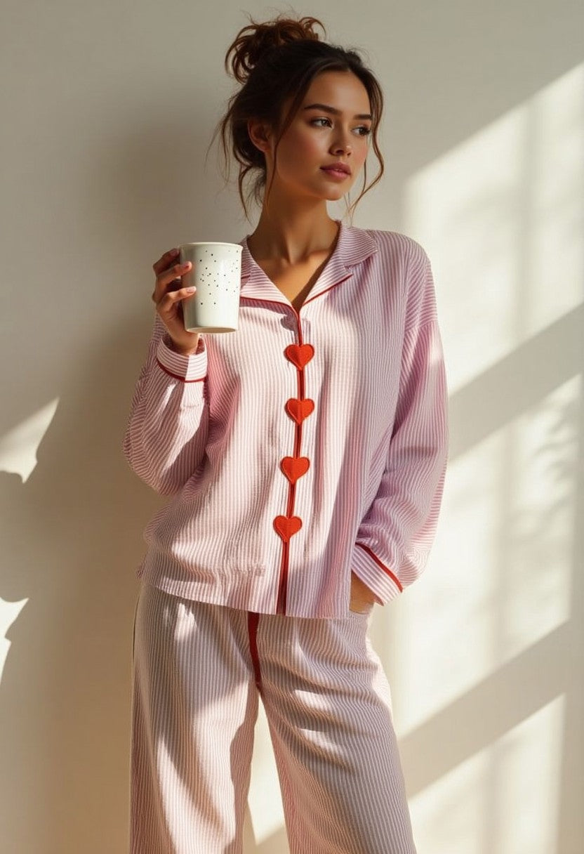 Comfortable Two-Piece Pajama Set for Women with Heart Buttons