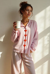 Comfortable Two-Piece Pajama Set for Women with Heart Buttons
