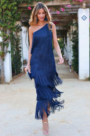 One Shoulder Fringe Dress with Tassels for Women