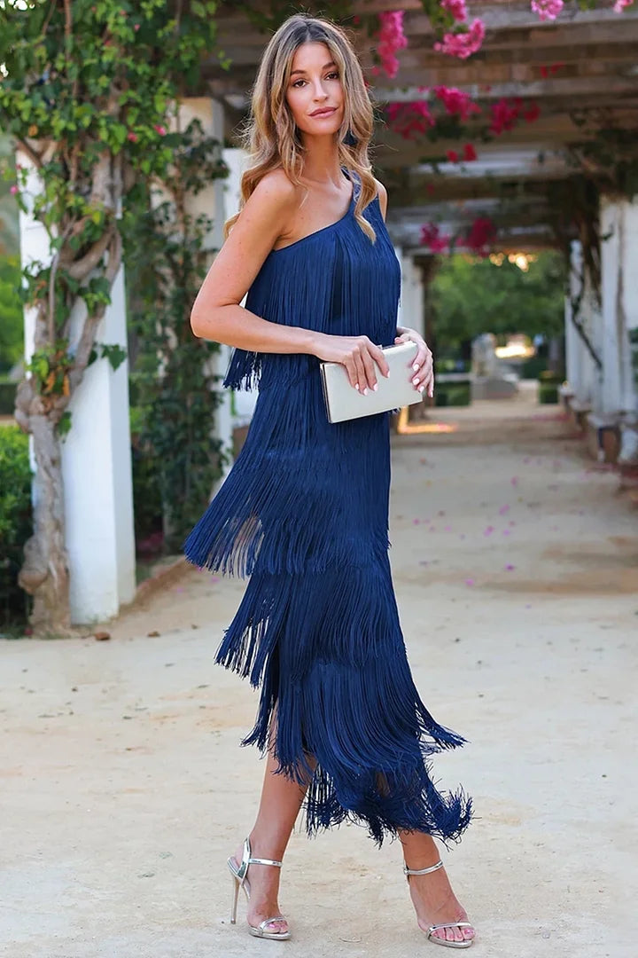 One Shoulder Fringe Dress with Tassels for Women