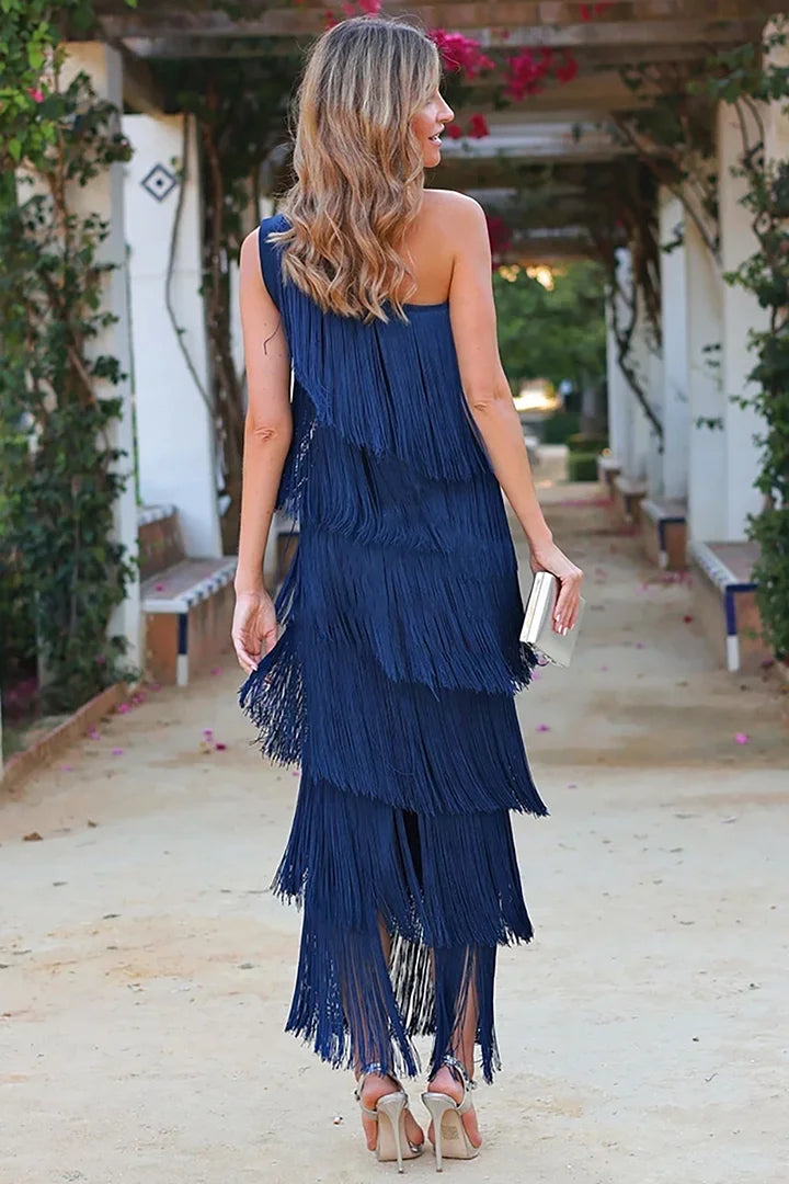 One Shoulder Fringe Dress with Tassels for Women