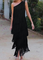 One Shoulder Fringe Dress with Tassels for Women