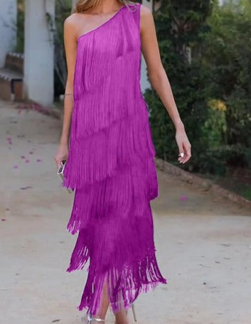 One Shoulder Fringe Dress with Tassels for Women