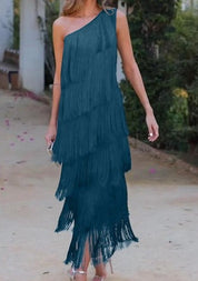One Shoulder Fringe Dress with Tassels for Women