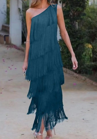 One Shoulder Fringe Dress with Tassels for Women