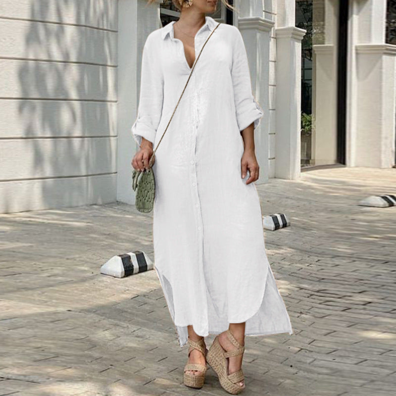 Summer Linen Maxi Shirt Dress With Long Sleeves For Women