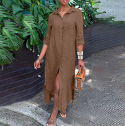Summer Linen Maxi Shirt Dress With Long Sleeves For Women