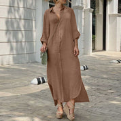 Summer Linen Maxi Shirt Dress With Long Sleeves For Women