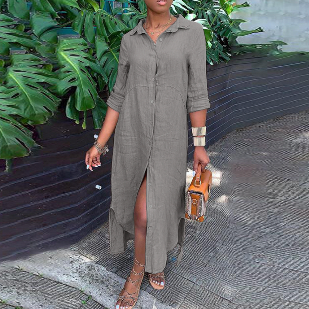 Summer Linen Maxi Shirt Dress With Long Sleeves For Women