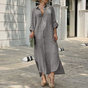 Summer Linen Maxi Shirt Dress With Long Sleeves For Women