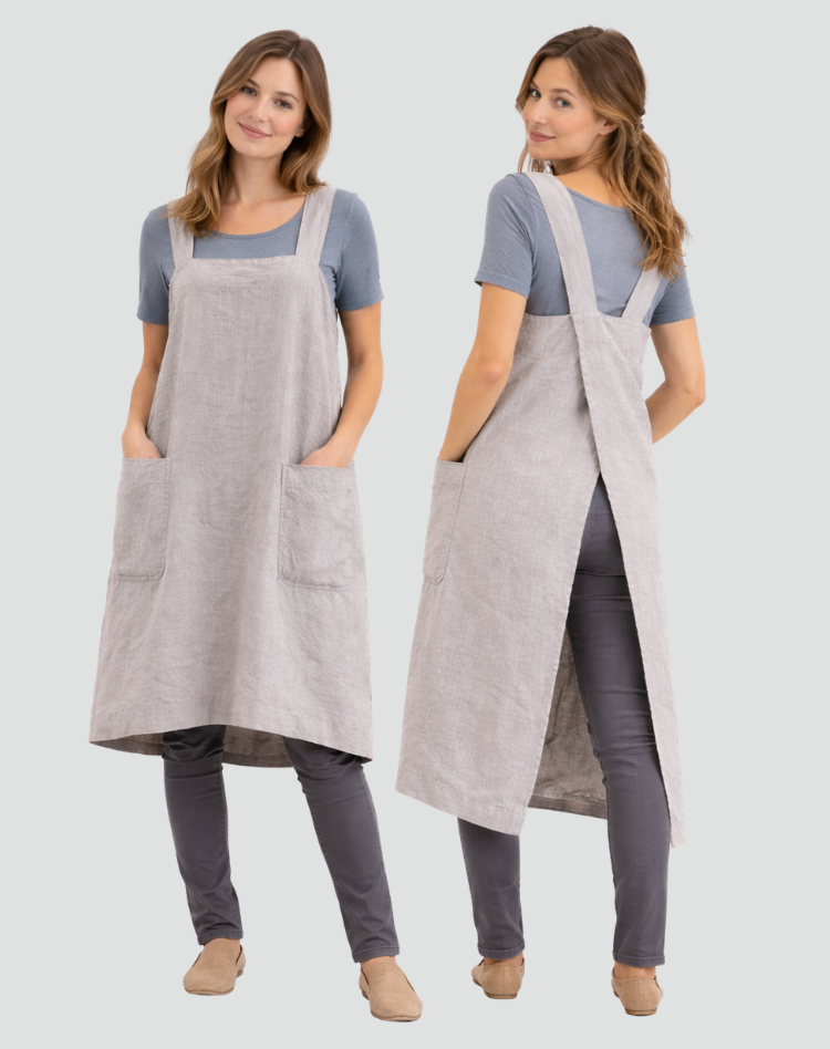 Light Linen Apron Dress with Pockets for Women