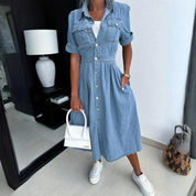 Women’s Denim Midi Shirt Dress With Button Closure And Pockets