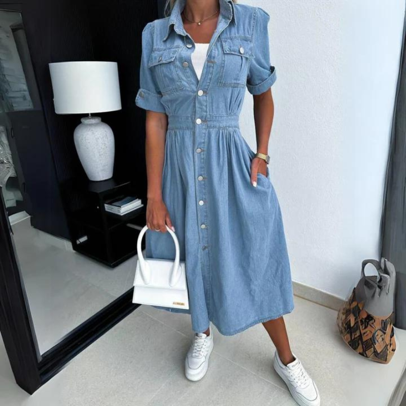 Women’s Denim Midi Shirt Dress With Button Closure And Pockets