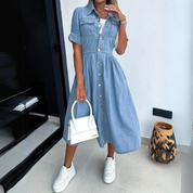 Women’s Denim Midi Shirt Dress With Button Closure And Pockets