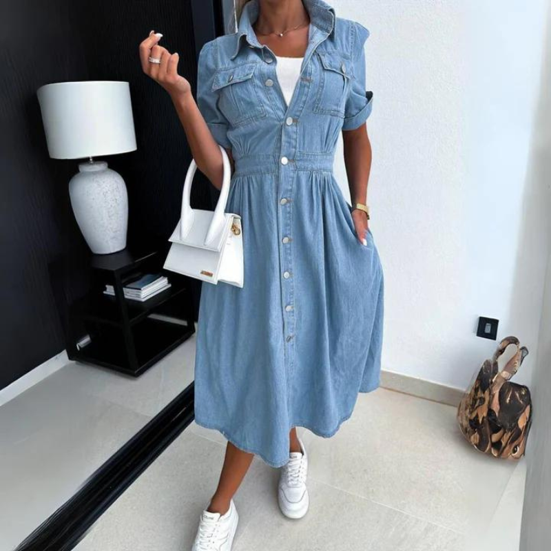 Women’s Denim Midi Shirt Dress With Button Closure And Pockets