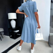 Women’s Denim Midi Shirt Dress With Button Closure And Pockets